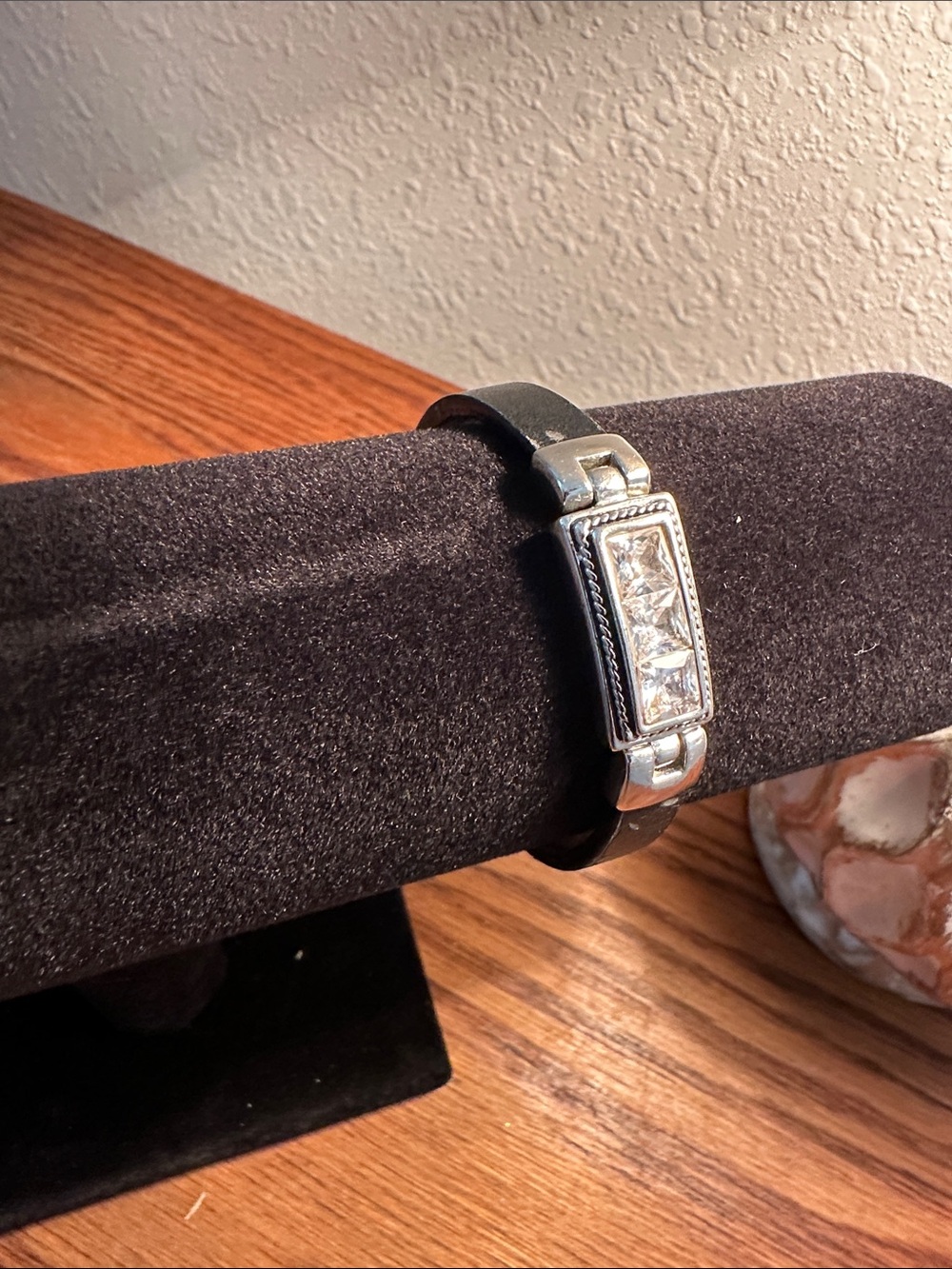 Black Leather Bracelet with Rectangular Crystal Accent